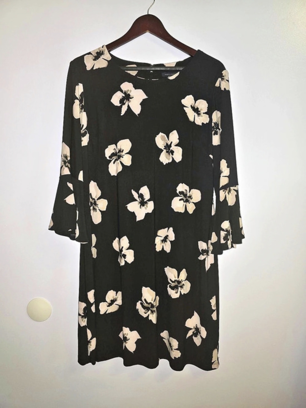 Tommy Hilfiger Floral Bell Sleeve Jersey Dress Mini Black & Cream Size 14